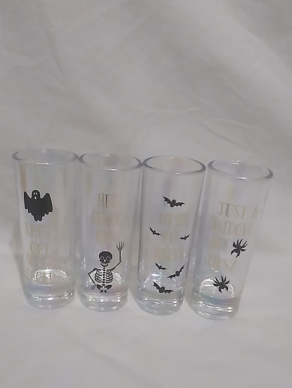 Halloween Tall Shot Glasses Set Of 4 - Clear with Black Spooky Icons(H1)